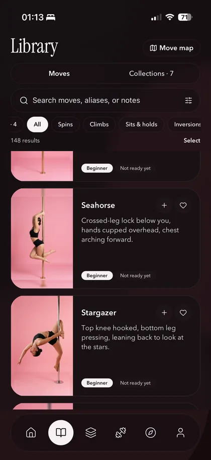 Coquet pole dance app: library of 148 pole moves with levels and filters