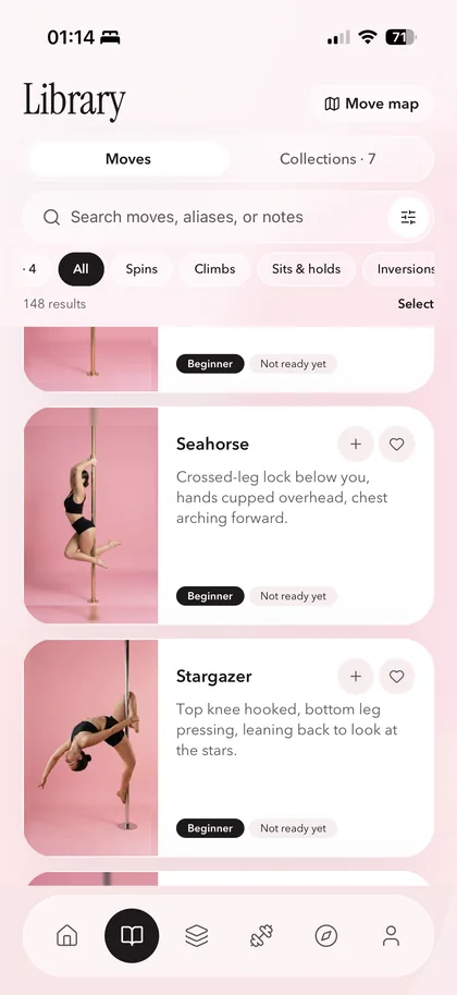 Coquet pole dance app: library of 148 pole moves with levels and filters
