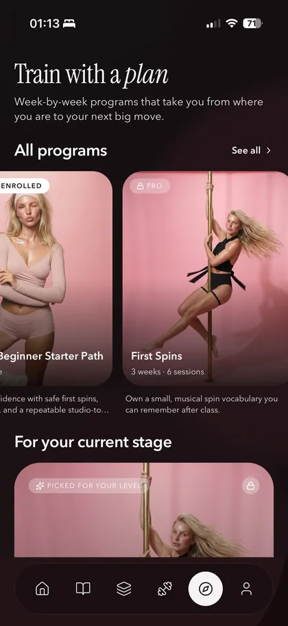 Coquet pole training programs: Absolute Beginner Starter Path and First Spins