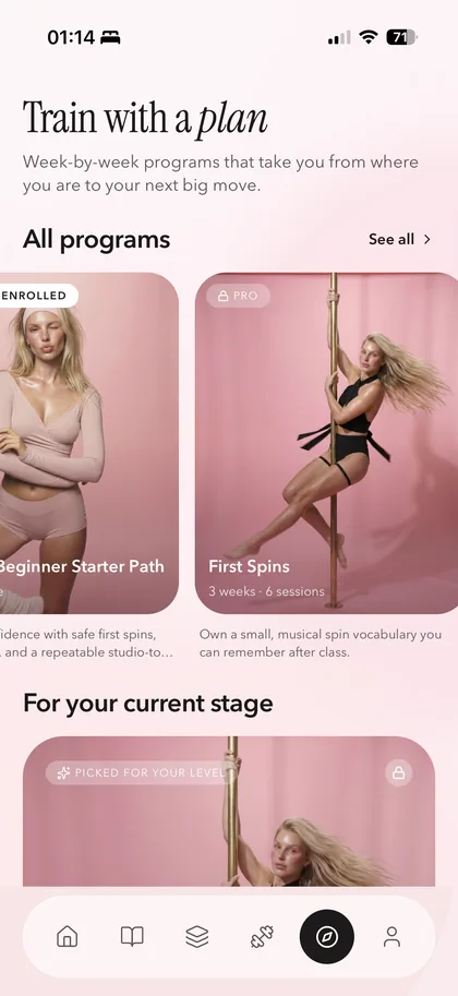 Coquet pole training programs: Absolute Beginner Starter Path and First Spins