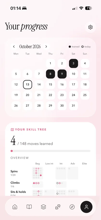 Coquet pole progress tracker: training calendar and skill tree by level