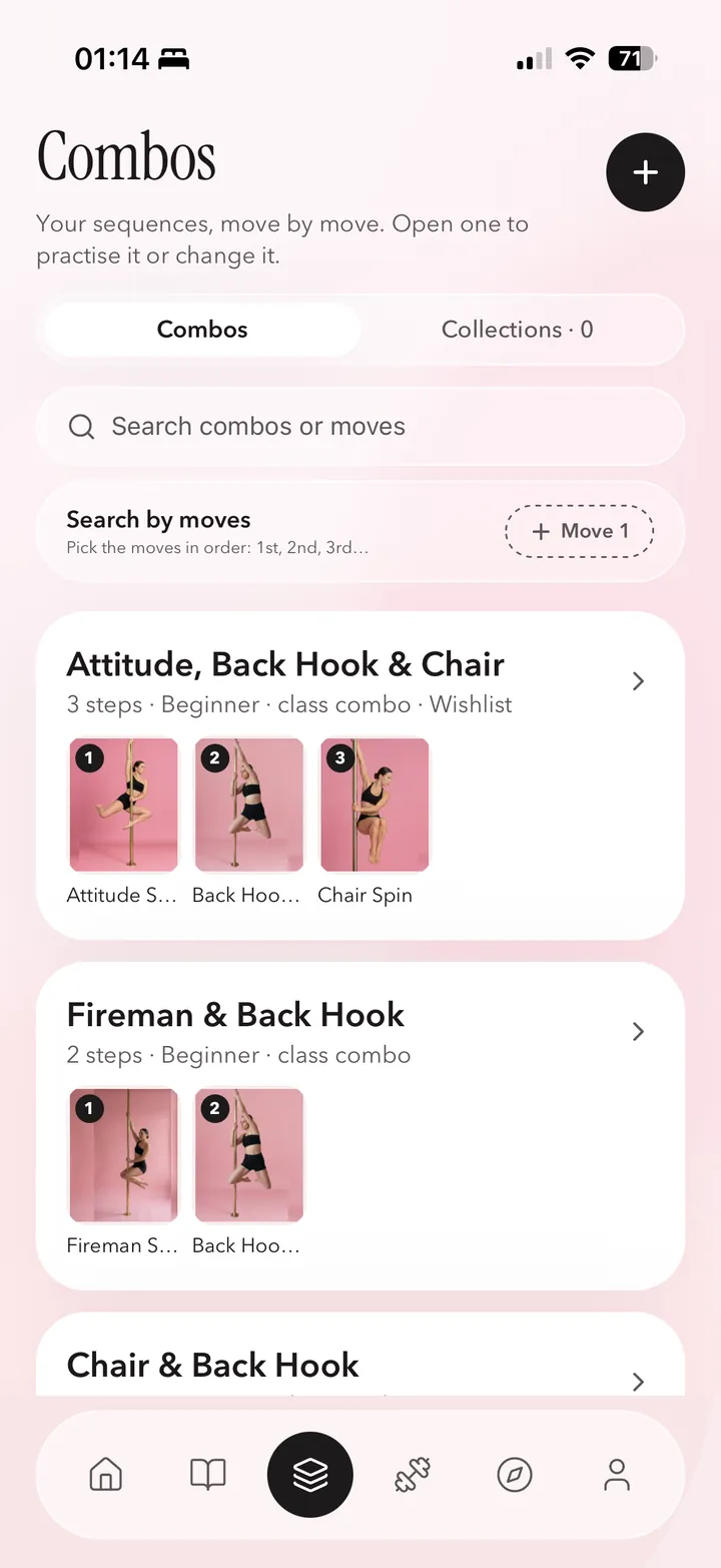 Coquet combo screen showing named beginner combinations and the moves included in each sequence