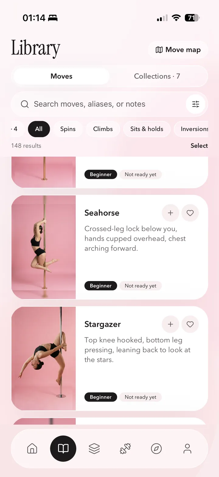 Coquet move library on iPhone with photographs, move names and filters for different pole categories