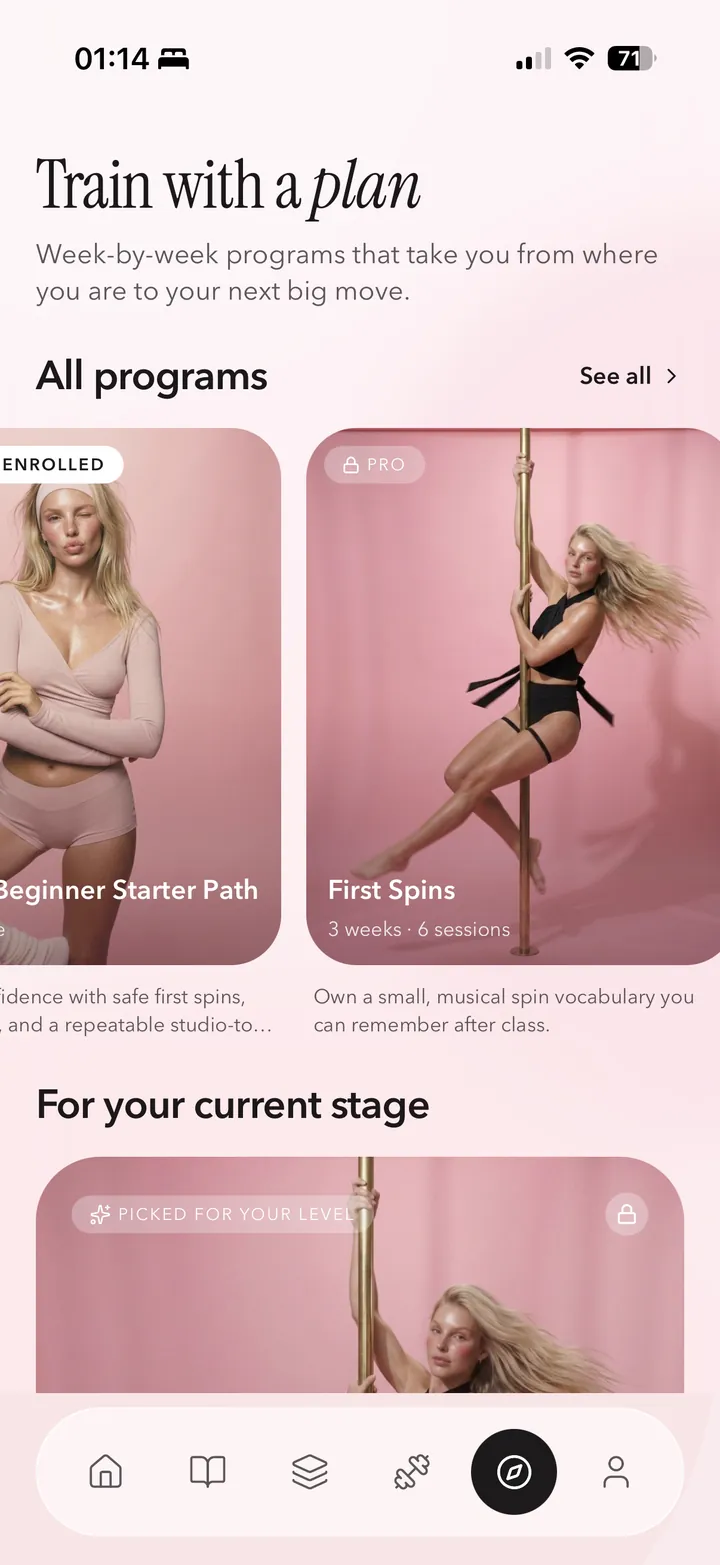 Coquet training screen listing the Absolute Beginner Starter Path and First Spins programs