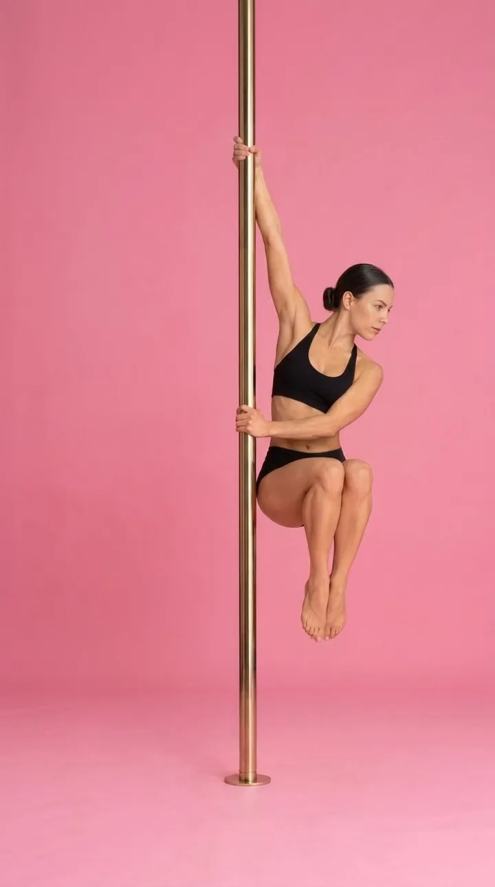 Pole dancer in a Chair Spin with knees tucked as if sitting on a chair