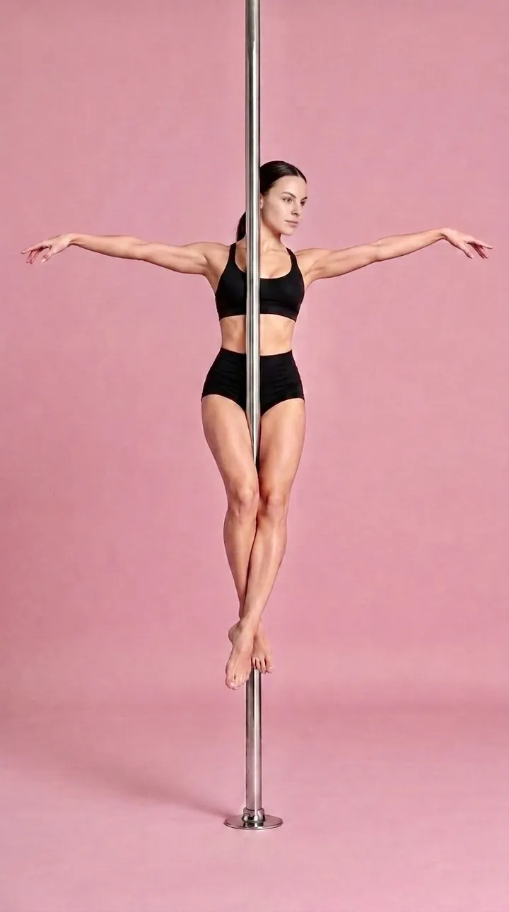 Pole dancer in a Crucifix hold, gripping the pole with her thighs and arms open wide