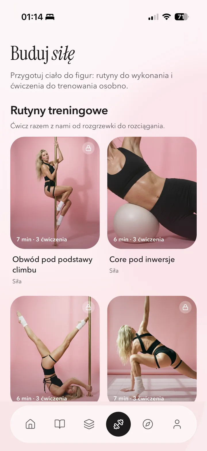Rutyny wzmacniające do pole dance w aplikacji Coquet po polsku, w tym obwód pod podstawy climbu i core pod inwersje