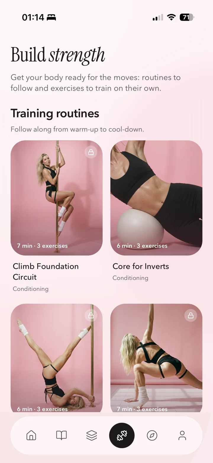 Coquet conditioning routines for pole, including a climb foundation circuit and core work for inverts