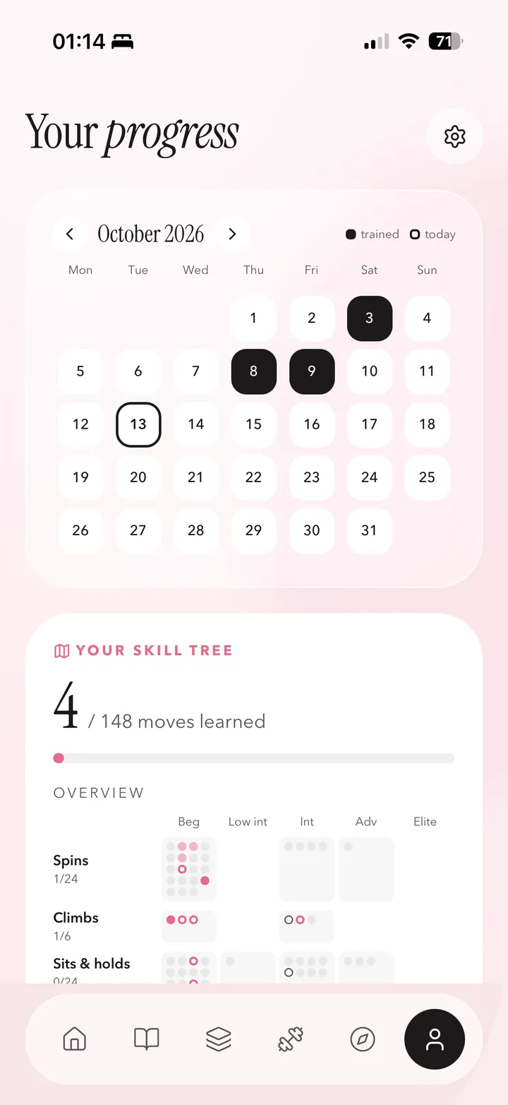 Coquet pole training log with a monthly calendar of training days and a skill tree of moves learned by level