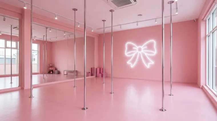 Empty pink pole studio with chrome poles, mirrors and a neon bow, ready for class