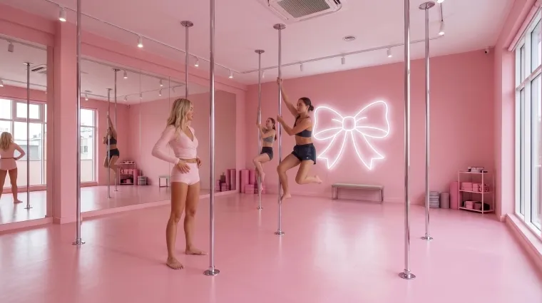 Pole dancers training together in a pink studio with mirrors, seven poles and a neon bow on the wall